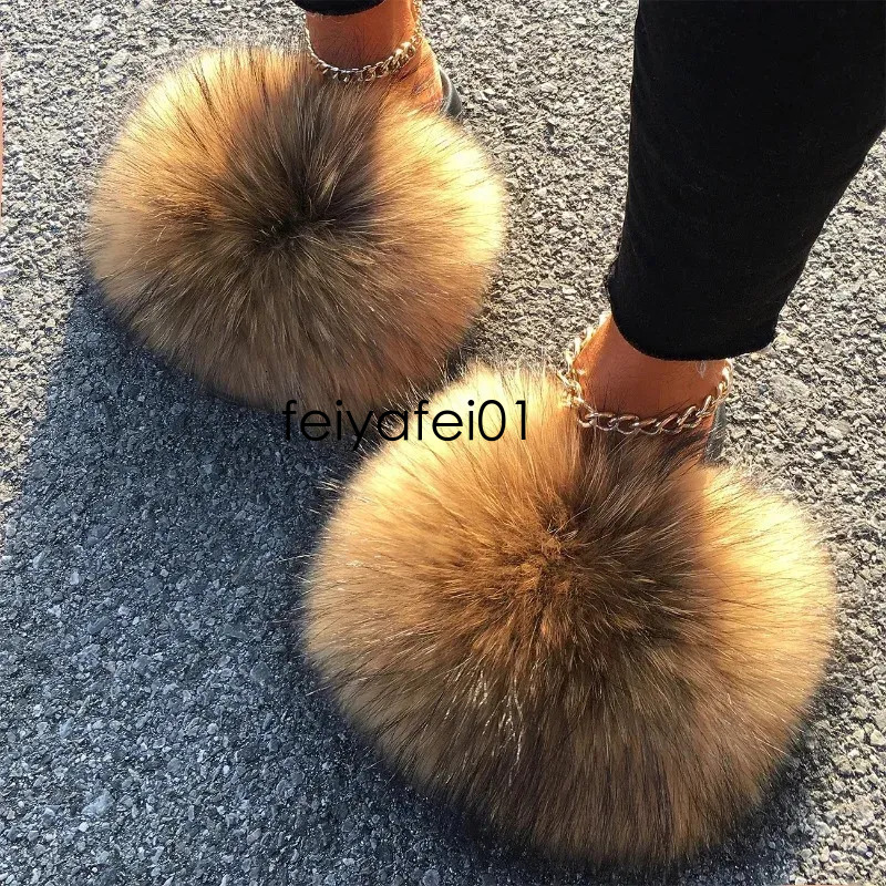 Fox Slippers - Extra Large Plush hot Slides, Cozy Soft Raccoon Fur Flat Sandals for Women, Indoor & Outdoor