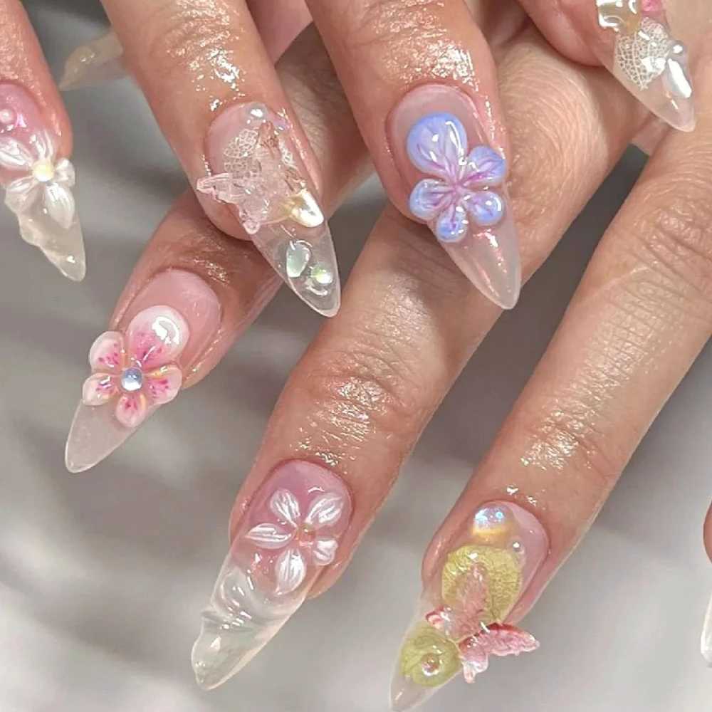 10 handmade oval shaped fake nails with cute flowers limited nail pressing on nails designed with adhesive nail file set W240905