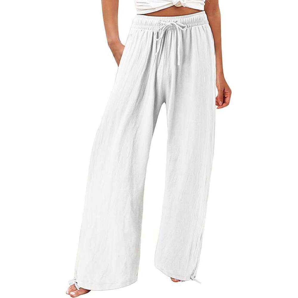 2024 Summer TEMU Women's New Cotton Hemp Wide Leg Drawstring Beach Casual Pants for Women
