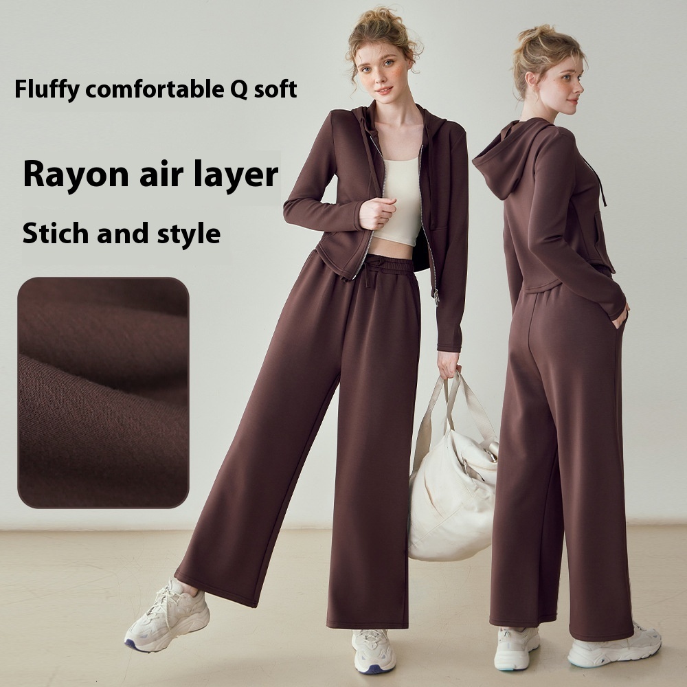 Sports suit women's new thick warm zipper hooded jacket yoga fiess loose wide leg pants two-piece set