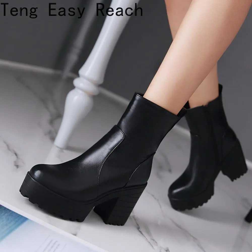 2023 Womens Ankle Boots Square High Heel Lace Round Head Womens Platform Black and White Womens Motorcycle Boots Size 34-43 CL240906