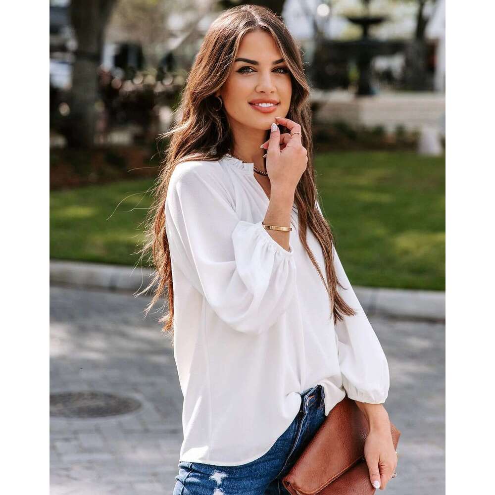 2024 Spring and Autumn New Women's Cool Long Sleeve Shirt Solid Color Comfortable Casual V-neck Loose Top