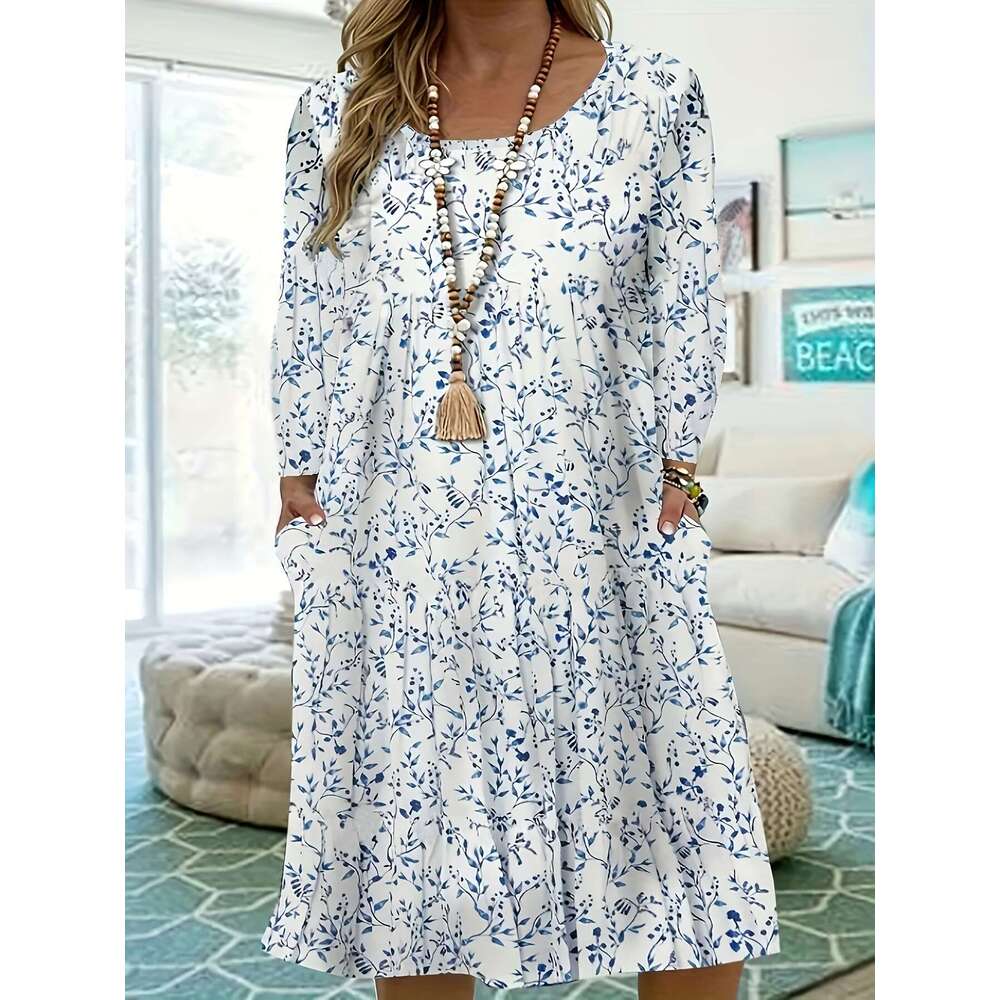 Women's 2023 new loose round neck long short sleeved pleated dress for women