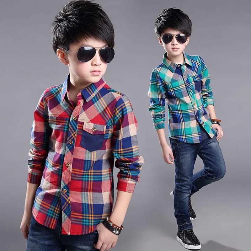 New 2024 Spring Cotton Kids Clothes Fashion Casual Handsome Shirt for Children blouses Boys Plaid Long Sleeve dress Shirts Y240906