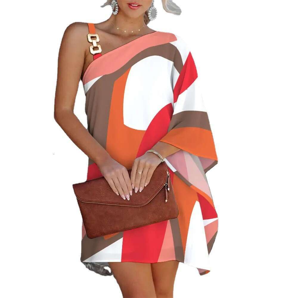2024 Summer New Women's Print Sexy Slant Neck Off Shoulder Dress