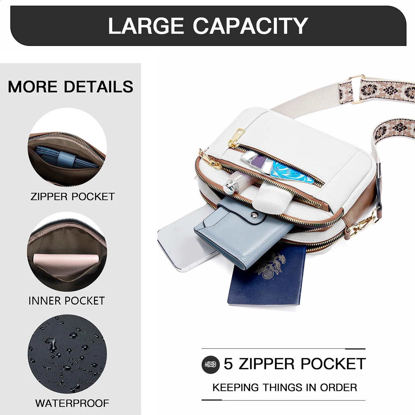 Womens small cross body bag is made of fashionable vegan leather with adjustable shoulder straps and multiple pockets that are waterproof 240904