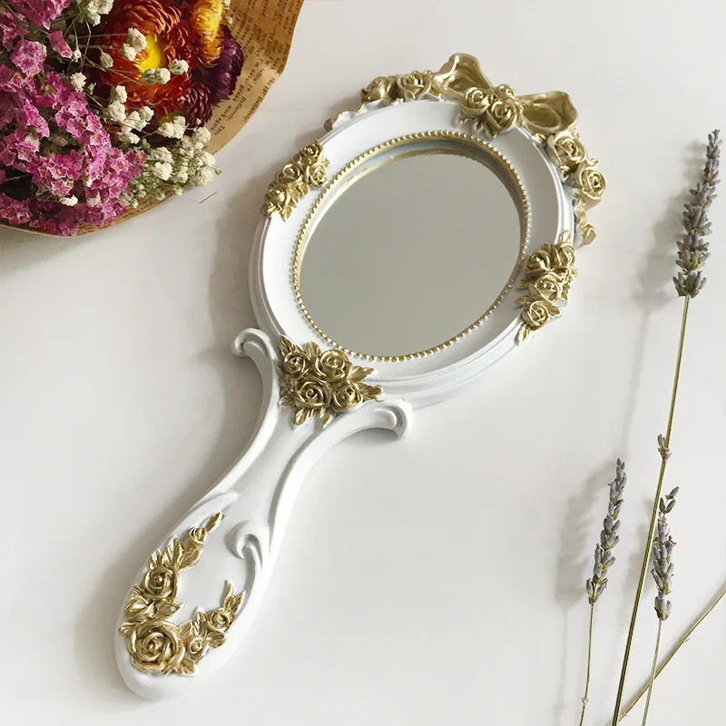 Rectangle Hand Hold Cosmetic Mirror with Handle Makeup Mirror Cute Creative Wooden Vintage Hand Mirrors Makeup Espelho 1Pc 240905