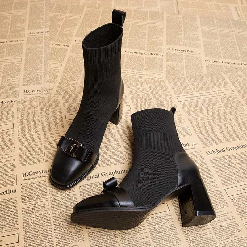 Autumn Womens Knitted Ankle Boots Fashion Metal Decorative Weight Loss Short Boots Autumn Winter Womens Thick Boots CL240906
