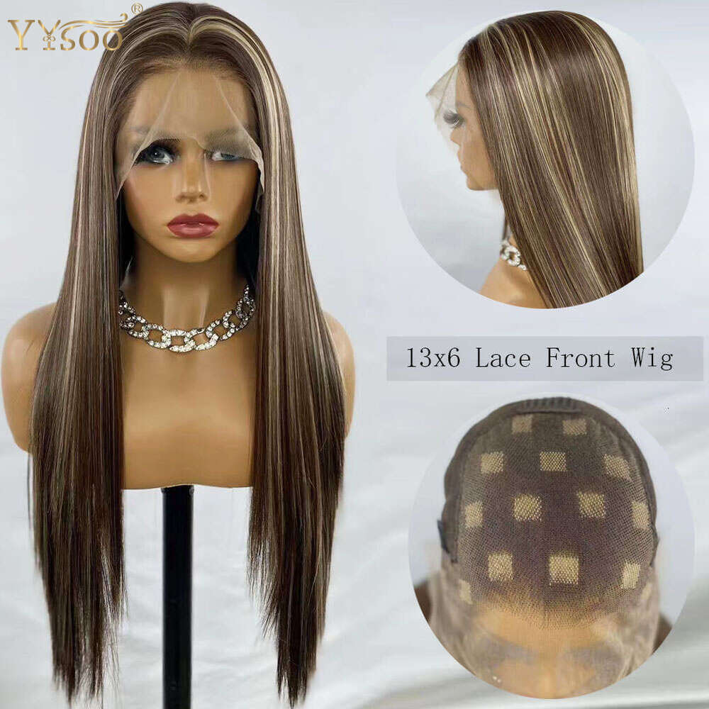 Yysoo Long Silky Straight Hair 13X6 Futura Synthetic Lace Front Wigs For Black Women 103/4/30 Deep Part Glueless Highlights Wig