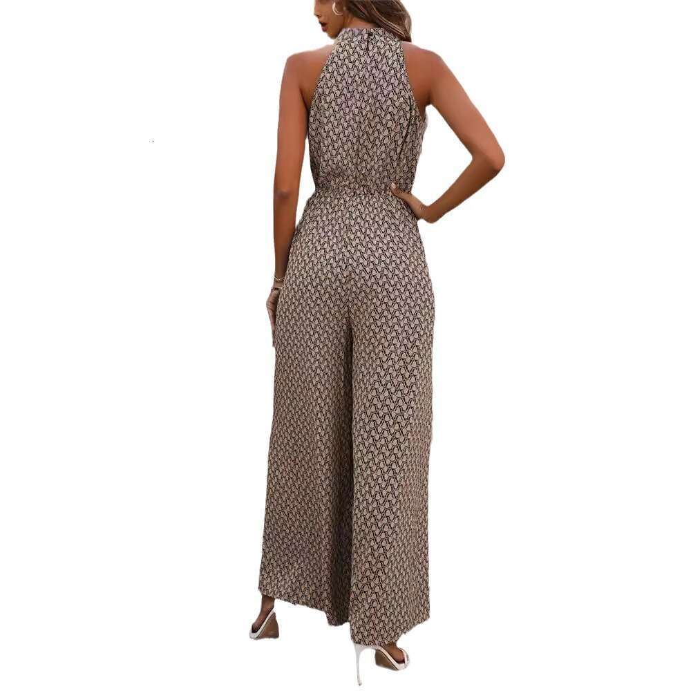 Women's elastic waistband high hanging neck sleeveless floral wide leg casual jumpsuit commuting pants for women