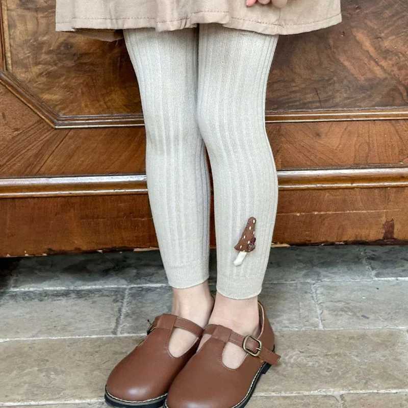 Autumn Baby Girls Leggings Ribbed Pants Cotton Solid Toddler Kid Leggings With Mushroom Decor Casual Pants Kids Outfits Trousers Y240906