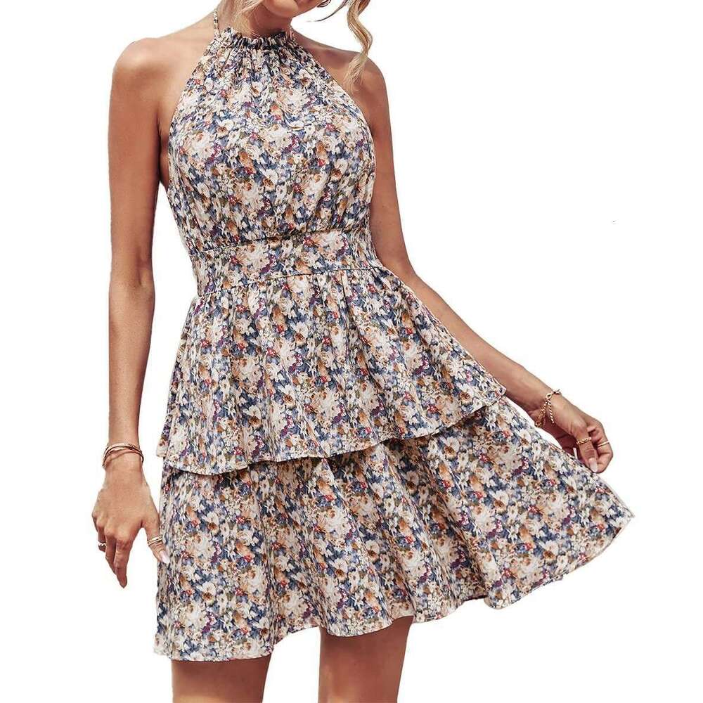 Summer New Hanging Neck Open Back Printed Sleeveless Dress for Women