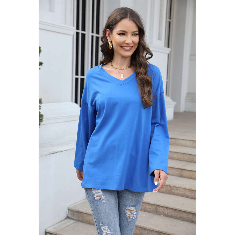 Extra large t-shirt 2022 new multi-color loose shoulder sleeves V-neck solid color womens top
