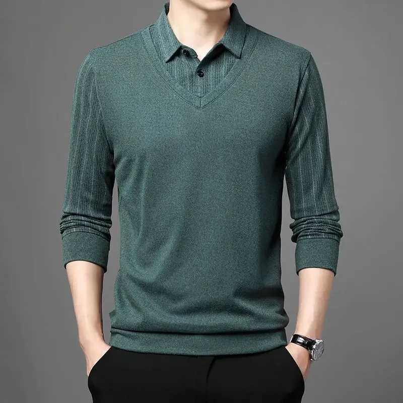 Autumn Winter 2023 New Smart Casual Turn-down Collar Long Sleeve T-Shirt Mens Clothing Fashion Buttons Pullover Patchwork TopsXJ240906
