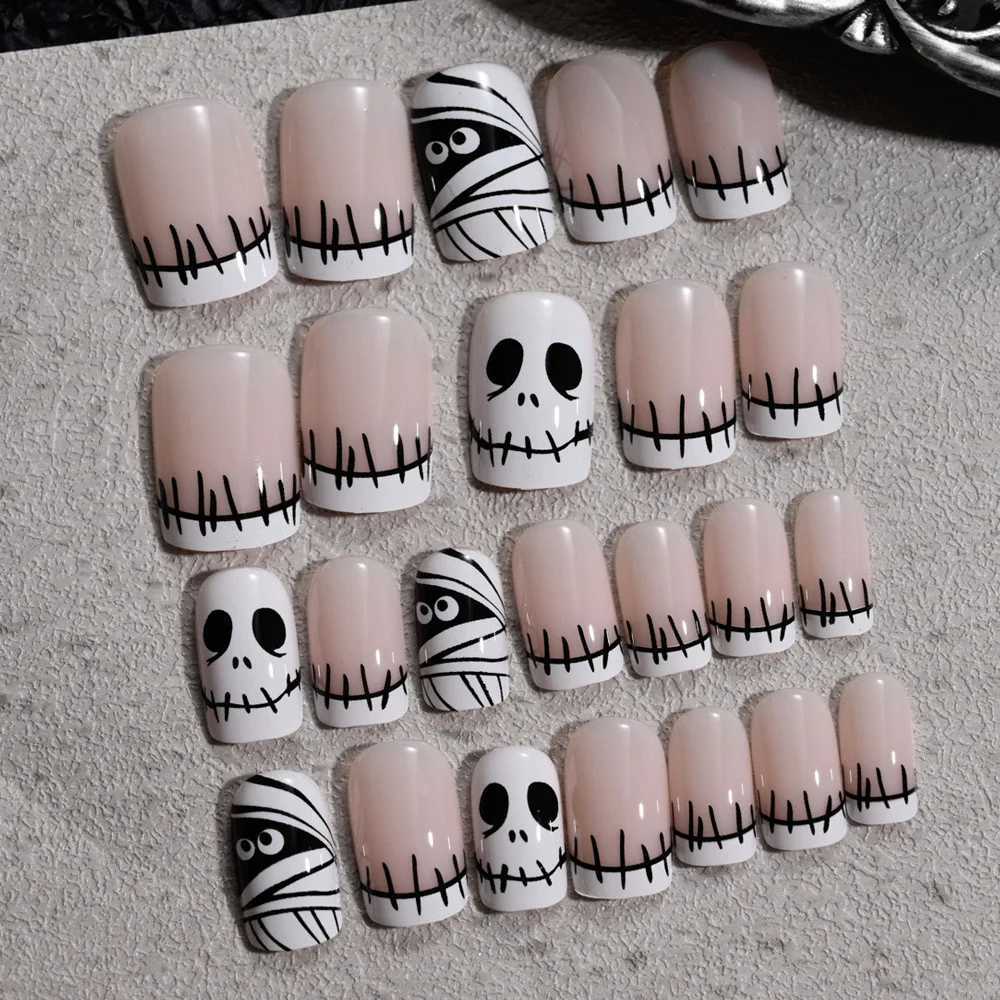 24 Halloween Ghosts Pressing Fake Nails Creative French Design Short Square Fake Nails Acrylic Halloween Decorative Nails W240905