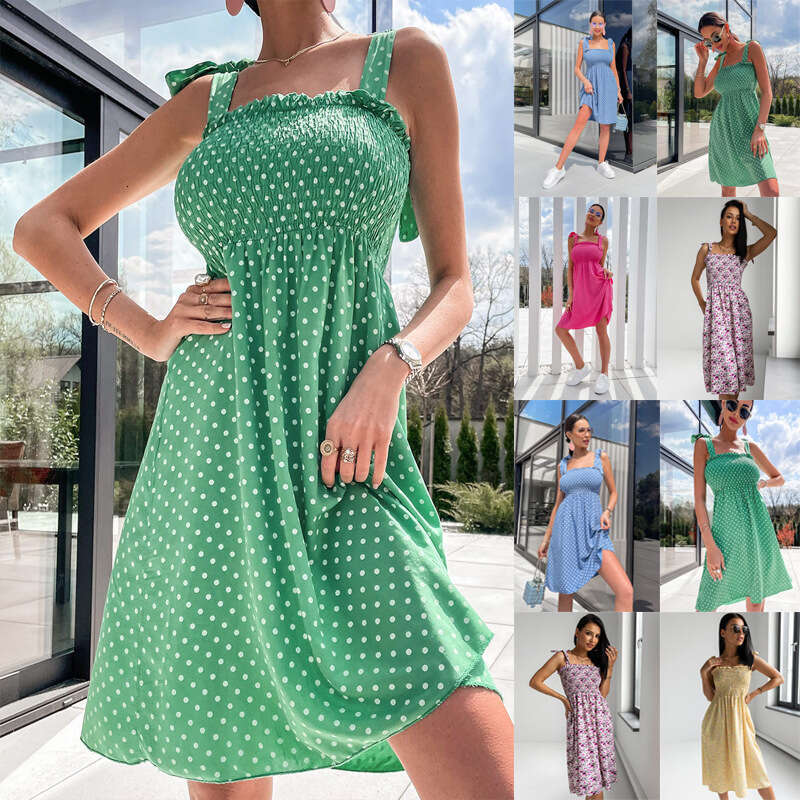 Spring and Summer New Pocket Strap, Embracing Printed Floral Wave Dot Dress, Women's Wear