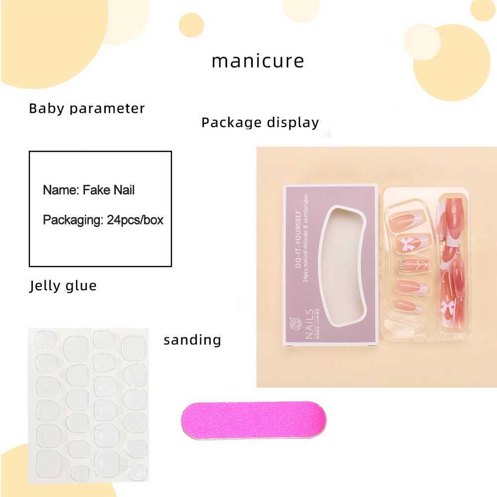 24 pieces/box Pink Bow Fake Nail Love Color Diamond Handmade Nail Set Press French V-shaped DIY Nail Art Decoration W240905