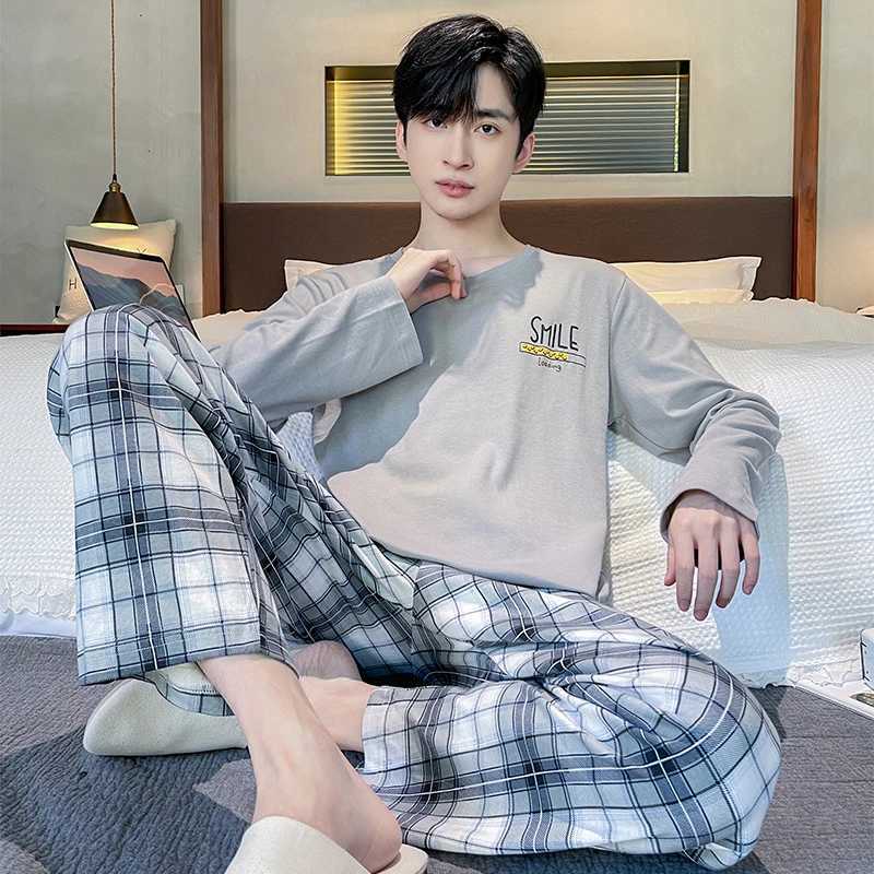 Plaid Men Pajamas Set Casual Male Sleepwear Autumn Winter Long Sleeves Long Pants Soft Pyajmas Boys Pijamas Blue Cozy Cotton Pjs Y240906