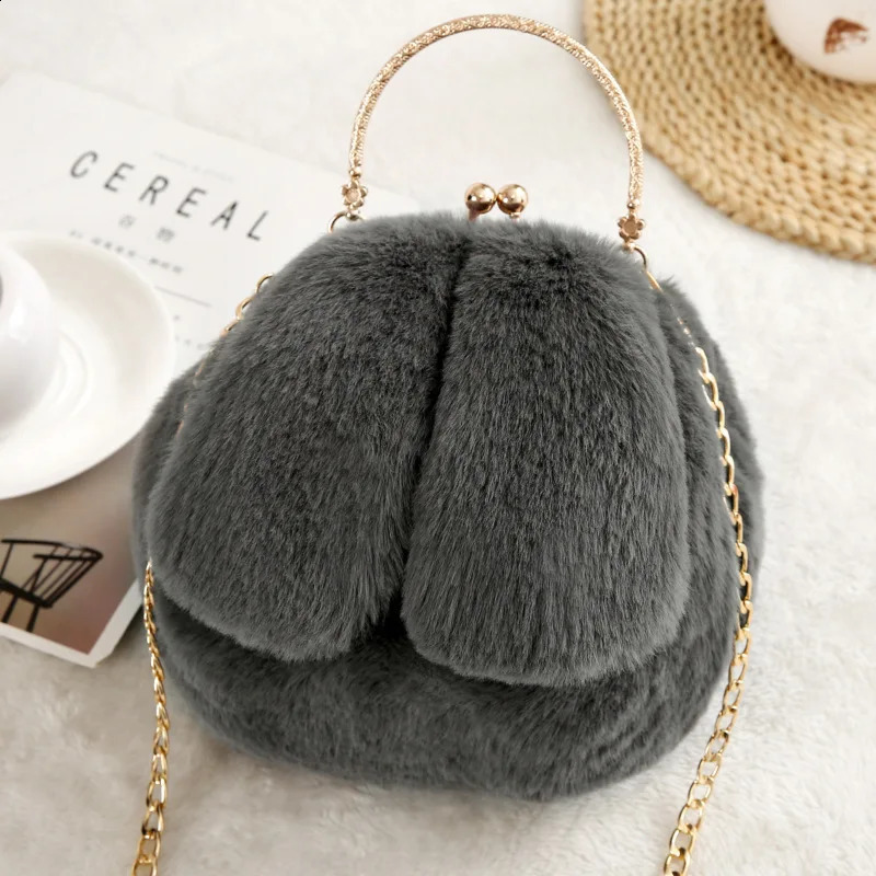 Artificial fur rabbit ear plush Kawaii round bag shoulder cross body womens chain messenger fashionable solid handbag 240906