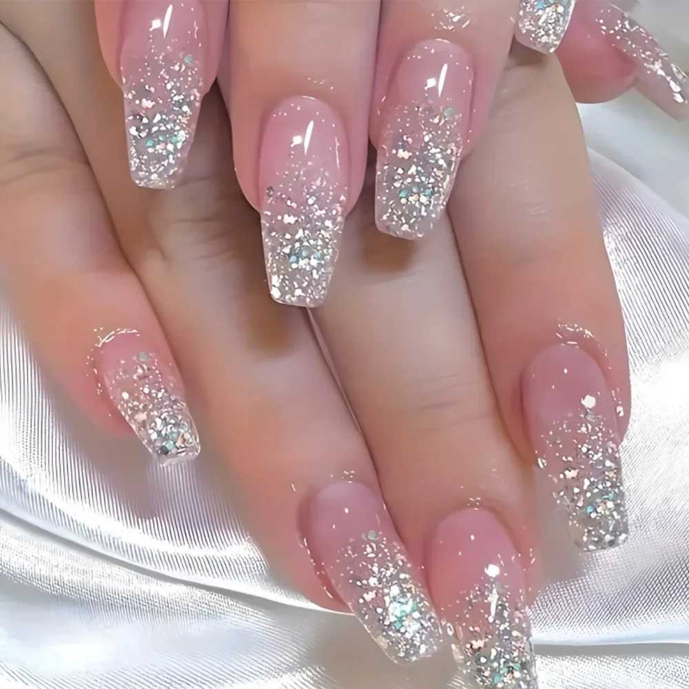 24 pieces/set of female glitter fake nails Super glitter gradient pink black pointed fake penis press fake nail art W240905
