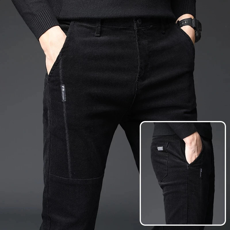 Autumn and winter straight slim fit elastic mens Corduroy pants solid loose casual thick Trouser size 2838 240905