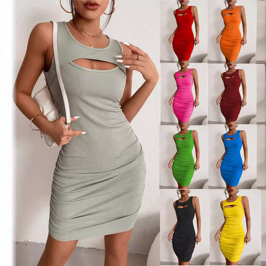 2023 Hollow Tank Top Sexy Open Chest Fold Slim Fit Wrap Hip Sleeveless Dress for Women