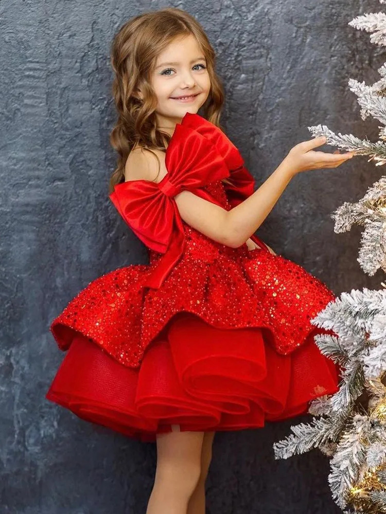 Girls Red Net Eye Dress Sleeves Elegant Girl Evening Dress Summer Fashion Glitter Princess 3-10 Y Girls Premium Dress R250424