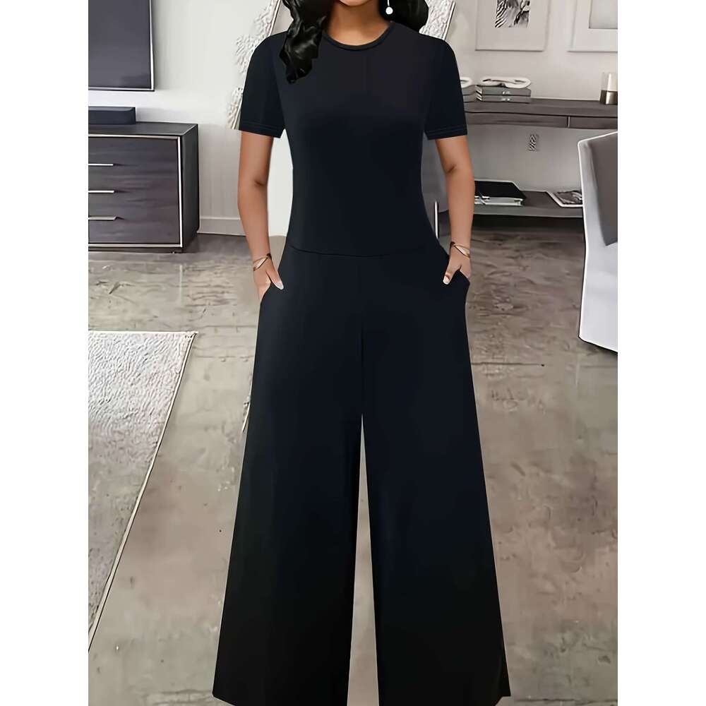 Shein women's commuting jumpsuit 2024 spring/summer casual solid color short sleeved wide leg pants
