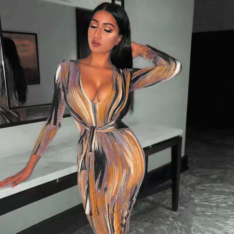 French skirt 2023 spring new style female sexy temperament personalized printed long sleeved V-neck dress women's clothing