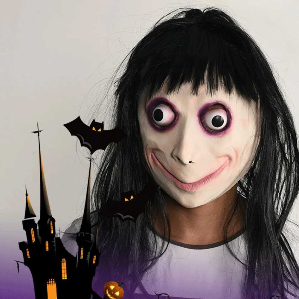 MOMO Mask for Adult Horror Devil Mask with Long Hair Scary Headgear Halloween Creepy Cosplay Party Female Face Covering PropsXJ240905