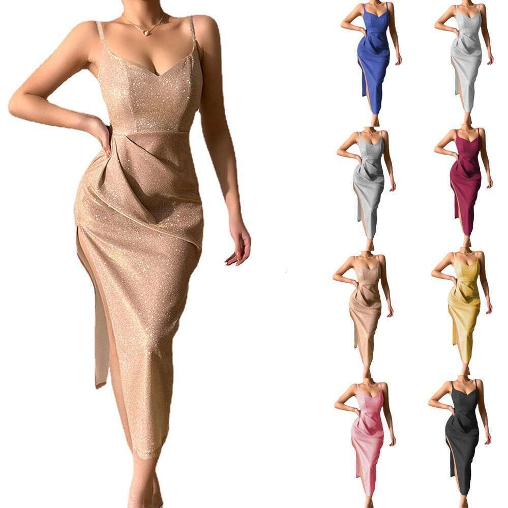 2023 Spring New Sparkling Pink Sexy Deep V Strap Split Style Long Dress Women