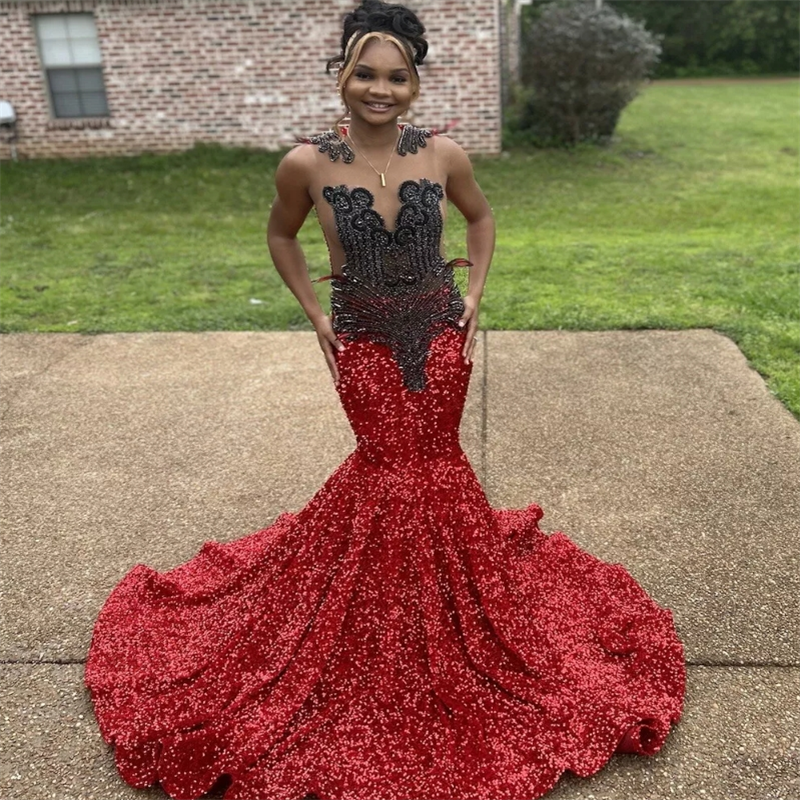 Black And Red Prom Dresses For Black Women Gorgeous Crystal Mermaid Evening Dress 2025 African Sleeveless Sequin Birthday Formal Occasion Party Gown V