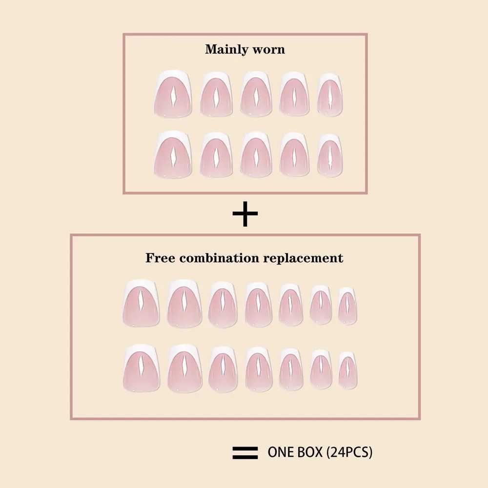 Fashion Trend Women 24 pieces/set Short Ballet Pink French White Border Full Coverage Wearable Fake Nail Press W240905