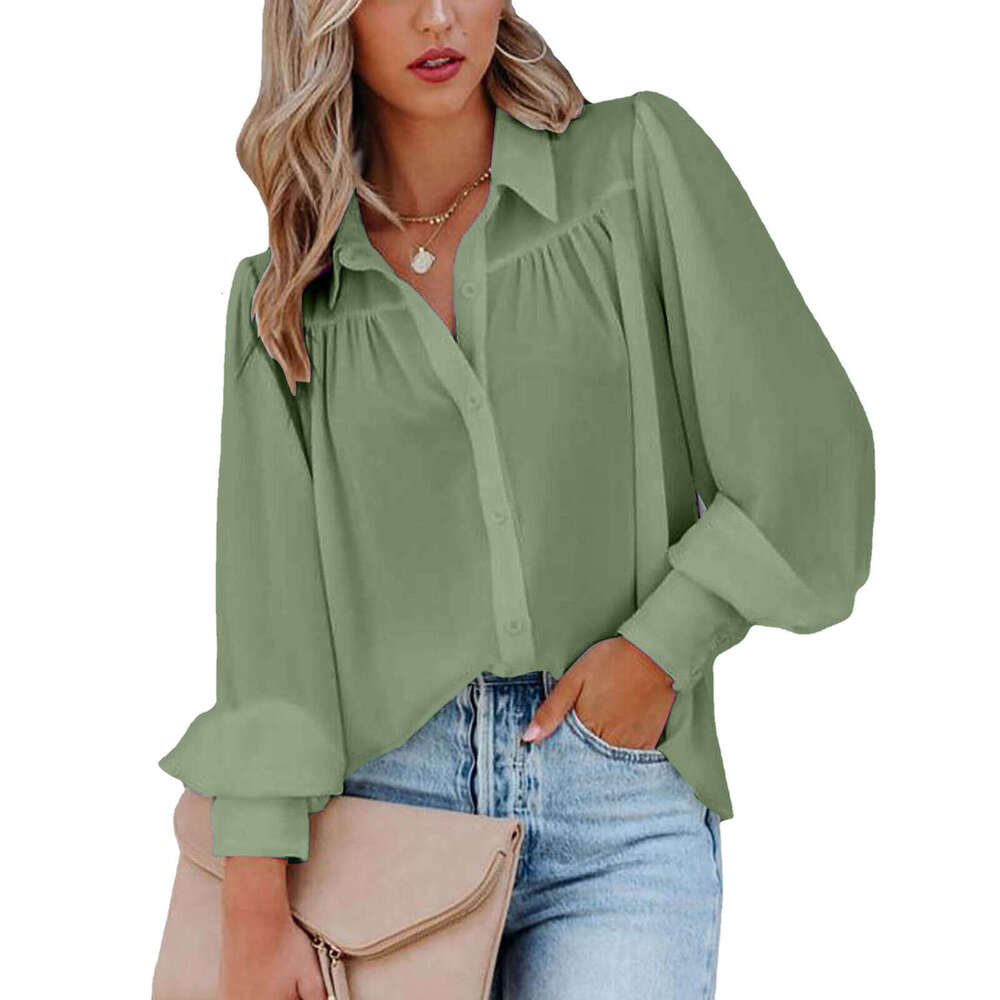 2024 buckle up top, lantern sleeve pleated solid standing collar, loose fitting shirt, long sleeved women's clothing