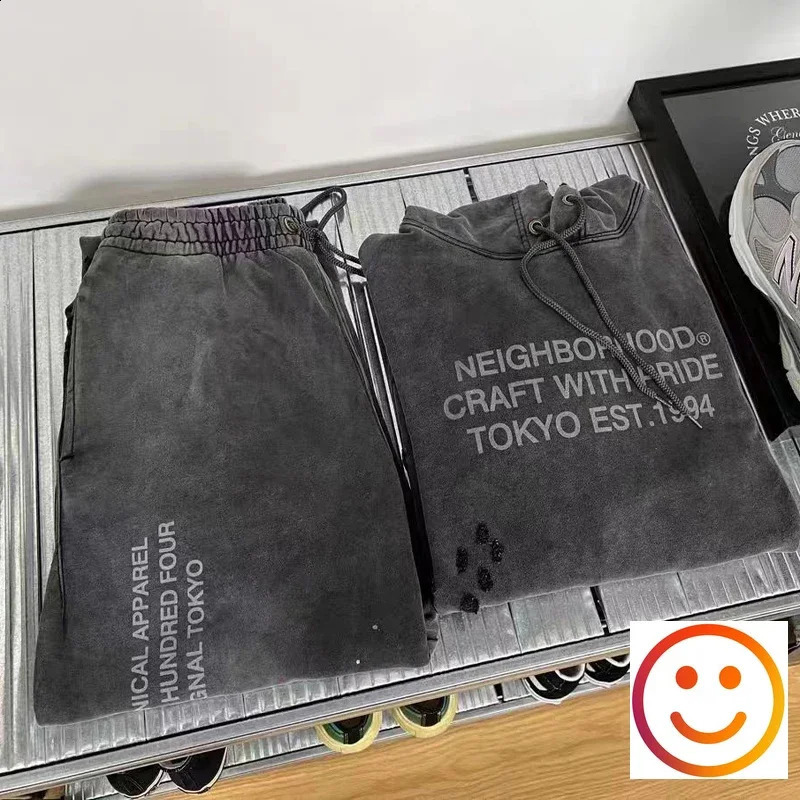 Gray Neighborhood NBHD Hole Damage Track Pants Hoodie Set Japanese Mens Heavy duty Fabric Retro Wash Splash Ink Sportswear 240904