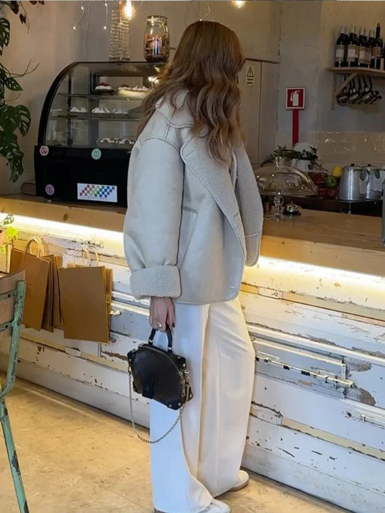 Fashion doublesided faux fur cashmere jacket for women elegant lapel button leather autumn womens 240905