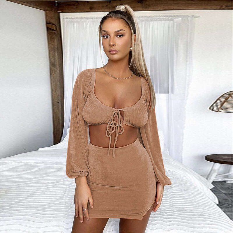 2024 Fashion Women's Summer New Style Sexy Square Collar Strap Long Sleeve Short Top Set for Women