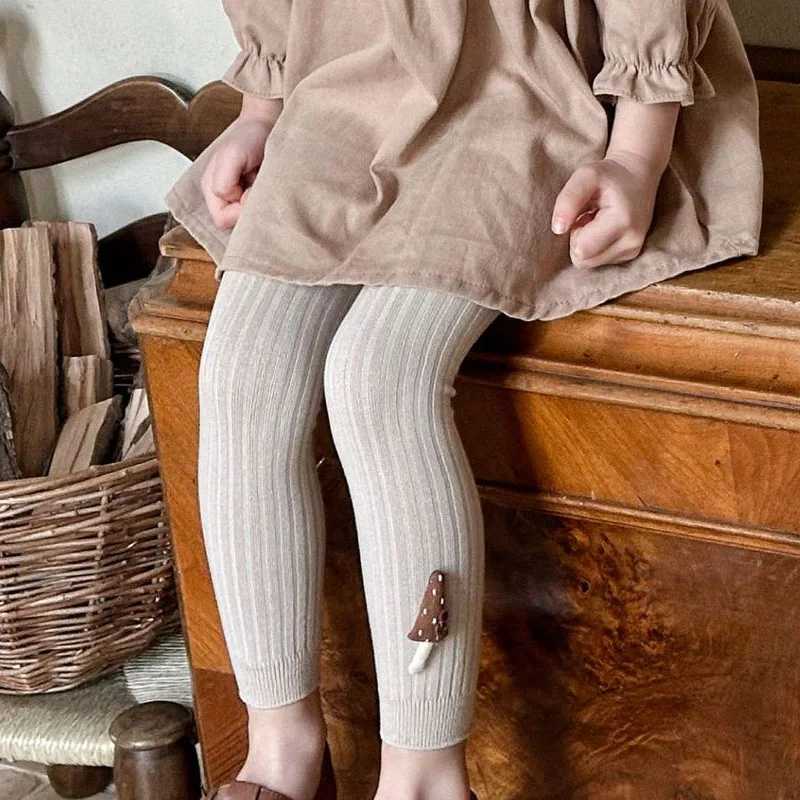 Autumn Baby Girls Leggings Ribbed Pants Cotton Solid Toddler Kid Leggings With Mushroom Decor Casual Pants Kids Outfits Trousers Y240906
