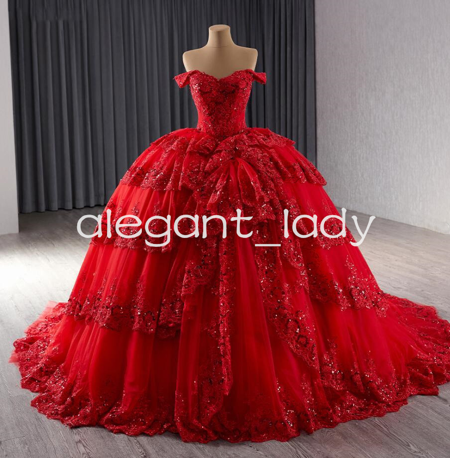 Luxury Sparkly Red Princess Quinceanera Dresses Gillter Applique Tiered Off Shoulder Corset vestidos de 15 anos quinceaneras