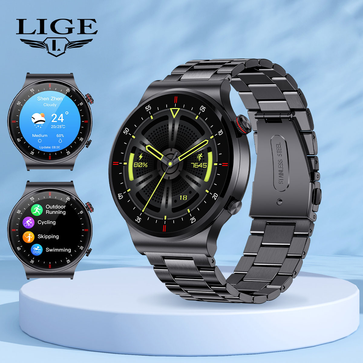 LIGE outdoor sports smartwatch multifunctional waterproof chronograph health monitoring music playback remote control camera Bluetooth call function