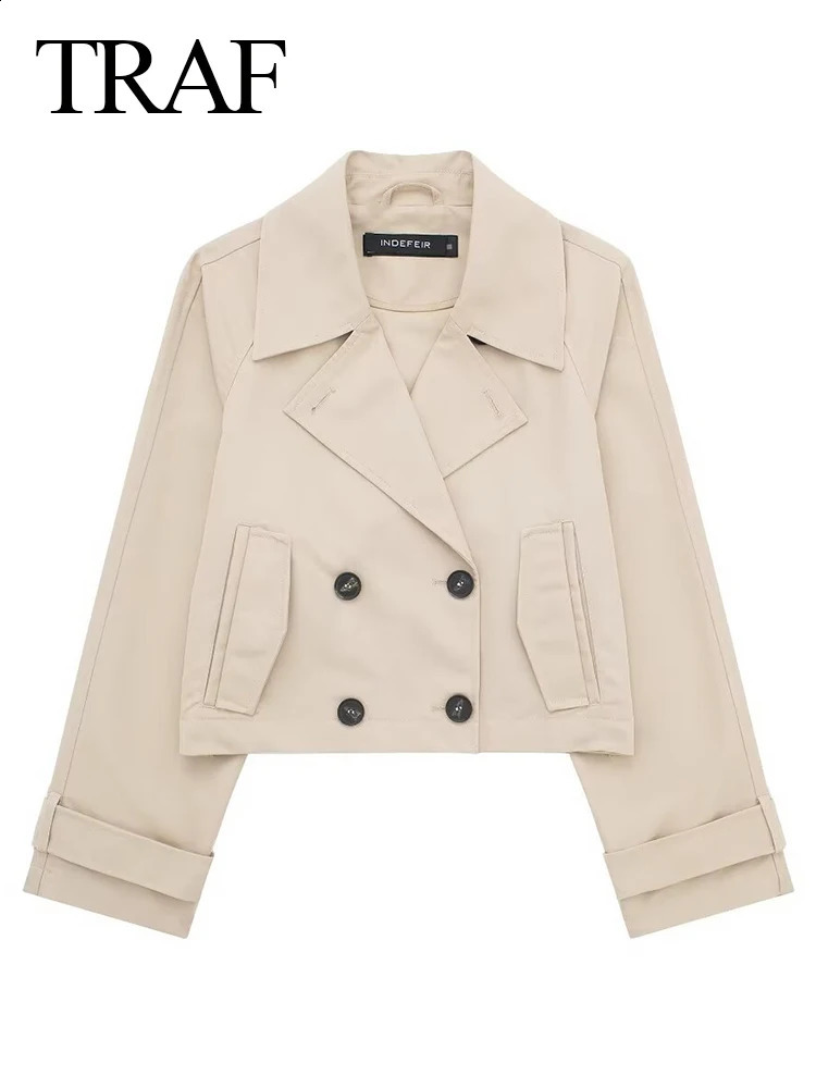 TRAF Womens Retro Windproof Jacket Solid Color Double Chest Spring Casual Short Sweet Trench 240902