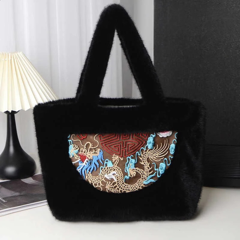 Winter womens faux fur handbag plush retro large capacity single shoulder ner embroidered black 240906