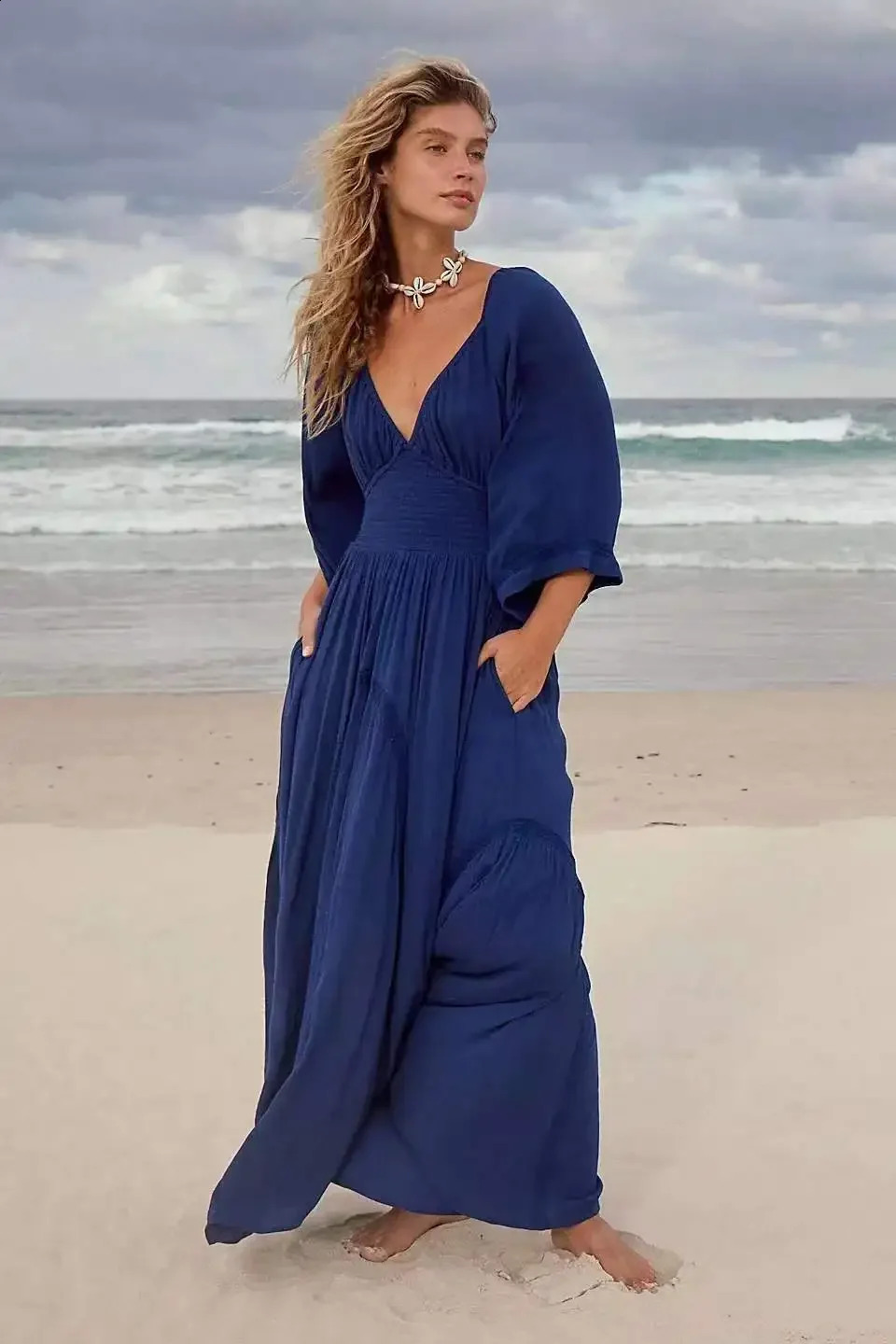 Arrival Solid Color Long Beach Dress Sexy V-neck High Waist Chiffon Dress Flame Sleeves Summer Vestidos Sleeveless 240906