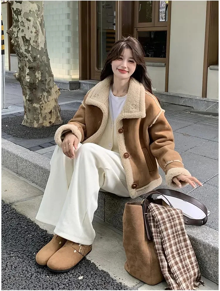 College style standing collar cashmere coat womens windproof and warm fur fashionable thick loose bicycle jacket 240905