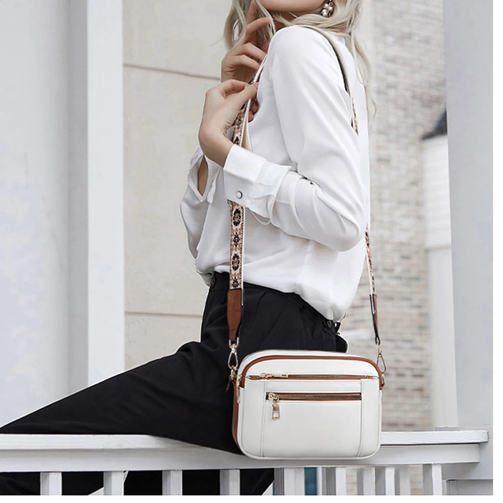 Womens small cross body bag is made of fashionable vegan leather with adjustable shoulder straps and multiple pockets that are waterproof 240904