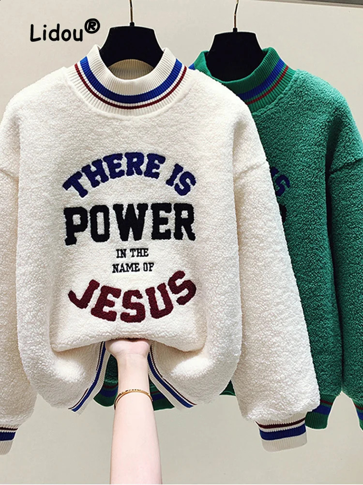 Plush and Thicken Sweatshirts Women Autumn Winter Loose Embroidered Letter Mock Neck Casual All-match Keep Warm Top 240906