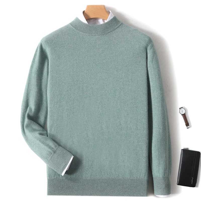 Essential mens 100% wool warm pullover sweater for autumn and winter double layered semi high neck basic seamless sweater Y240906