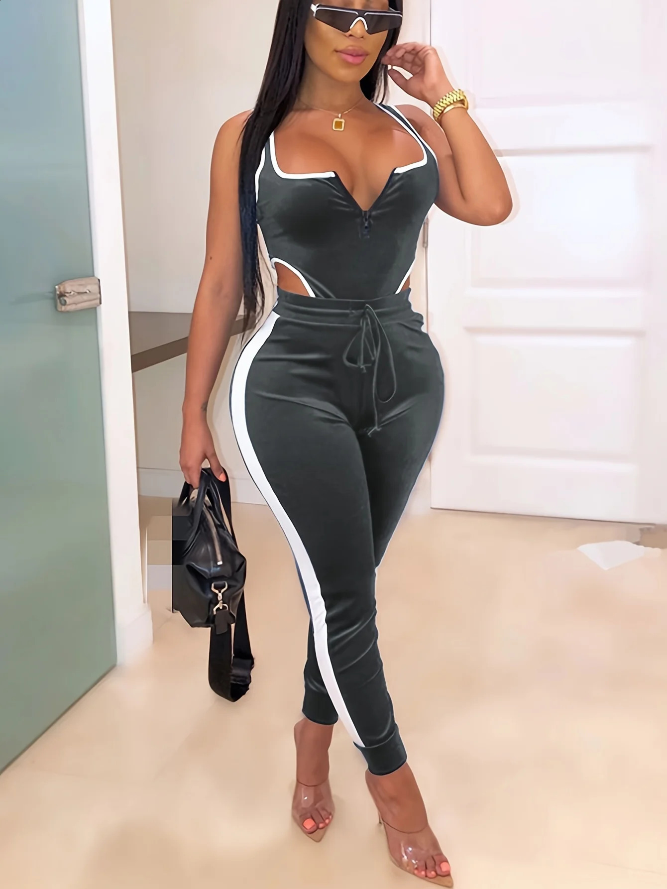 Sexy Bodycon 2pcs Set Sleeveless Cut Out Bodysuit High Waist Stretchy Pants Womens Clothing 240906