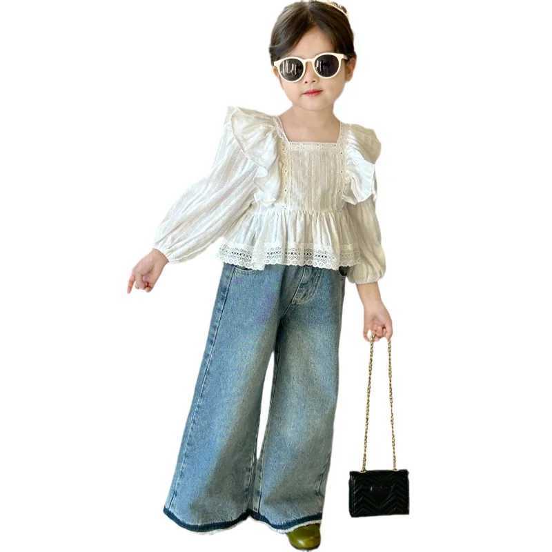 2024 Autumn New Style Kids Girls Blouses Korean Fashion Lace Long Sleeve Shorts Square Collar Cotton Cute Sweet Infant Shirts Y240906