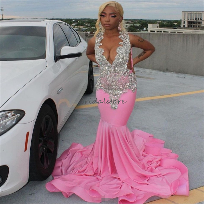 Baby Pink Crystal Prom Dress For Black Girls Elegant Mermaid Luxury Birthday Dress Sleeveless Customize Formal Party Gowns 2025 Masquerade Engagement 